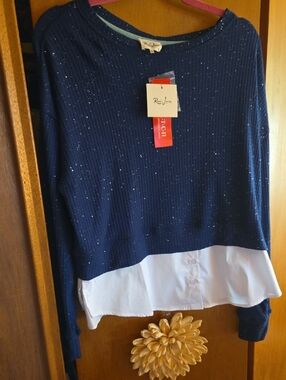 Remi James Navy Sparkle Layered Pullover with White Hem Detail